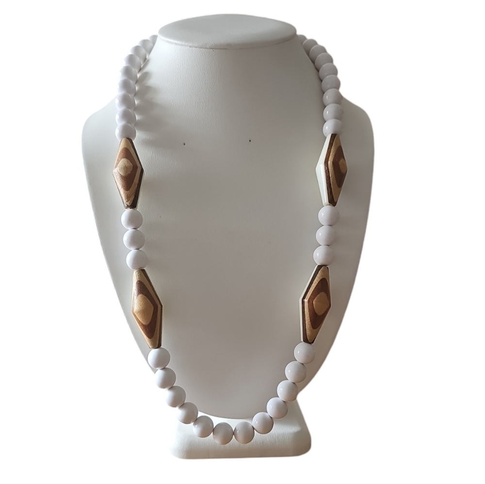 Vintage Mix Wood and White Plastic Beads 26” Necklace, Art Deco